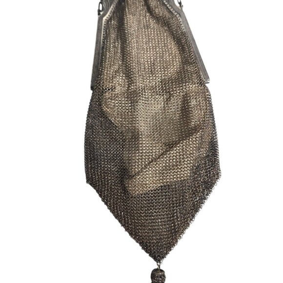 Antique 1900s Art Deco Whiting‎ & Davis Purse Soldered Mesh Tassel Inside Mirror - Picture 7 of 16